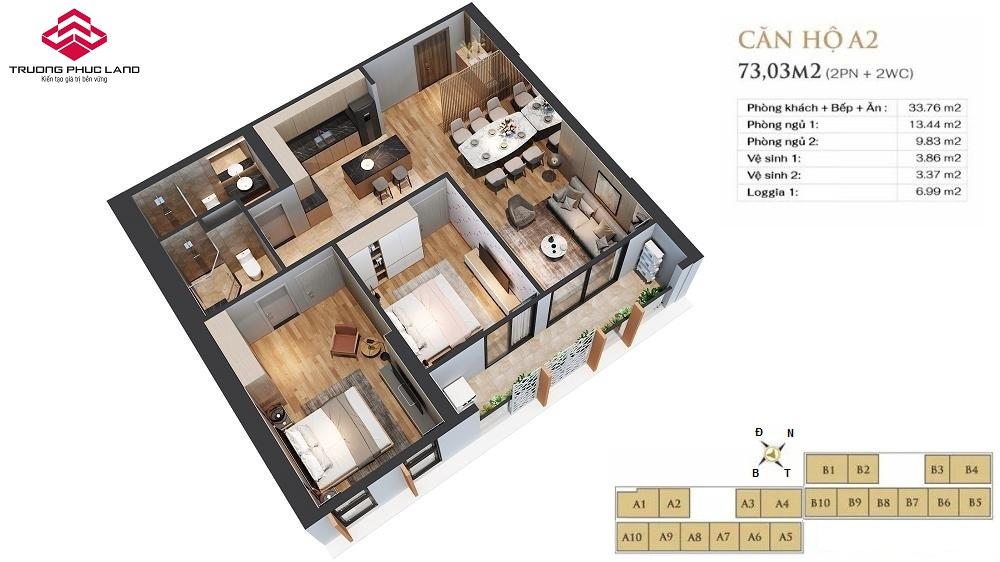 Mặt bằng căn hộ A2 (73m2 - 2PN) chung cư Anland Lake View