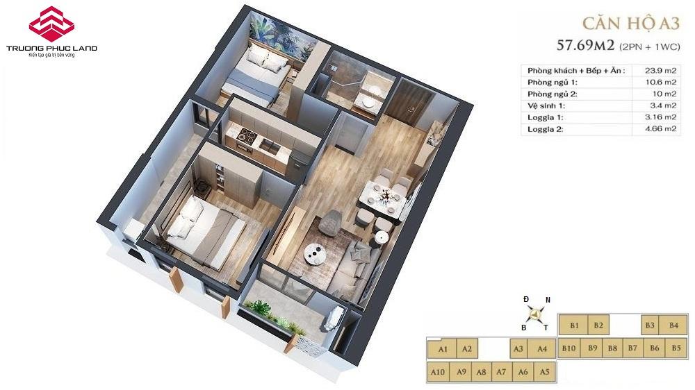 Mặt bằng căn hộ A3 Anland Lake View Mặt bằng căn hộ A3 (57m2 - 2PN) chung cư Anland Lake View