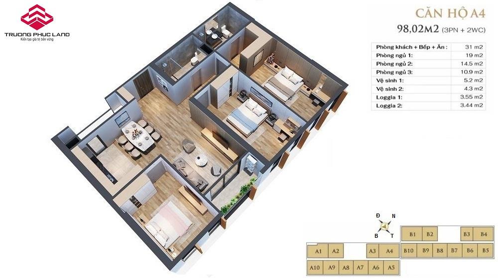 Mặt bằng căn hộ A4 (98m2 - 3PN) Anland Lake View Mặt bằng căn hộ A4 (98m2 - 3PN) chung cư Anland Lake View