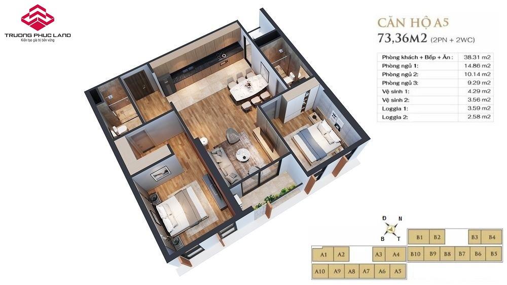 Mặt bằng căn hộ A5 Anland Lake View Mặt bằng căn hộ A5 (73m2 - 2PN) chung cư Anland Lake View