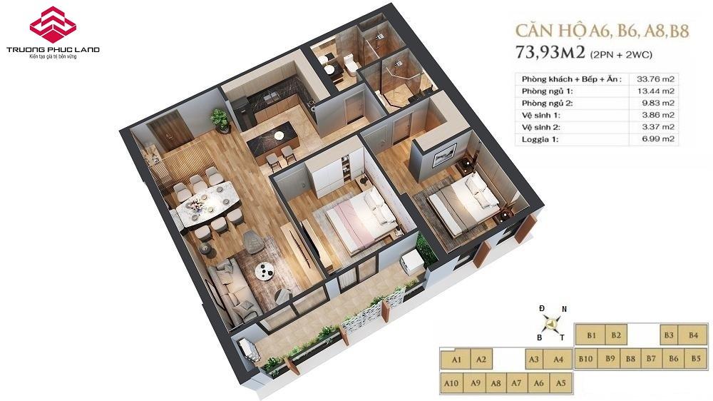 Mặt bằng căn hộ A6, B6, A8 và B8 Anland Lake View Mặt bằng căn hộ A6, B6, A8 và B8 (73.9m2 - 2PN) chung cư Anland Lake View