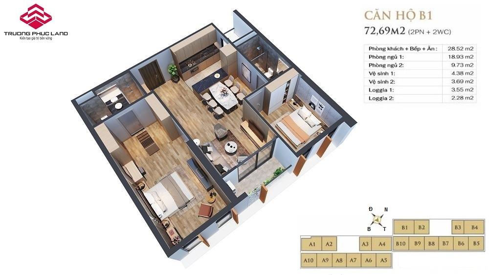 Mặt bằng căn hộ B1 Anland Lake View Mặt bằng căn hộ B1 (72m2 - 2PN) dự án Anland Lake View