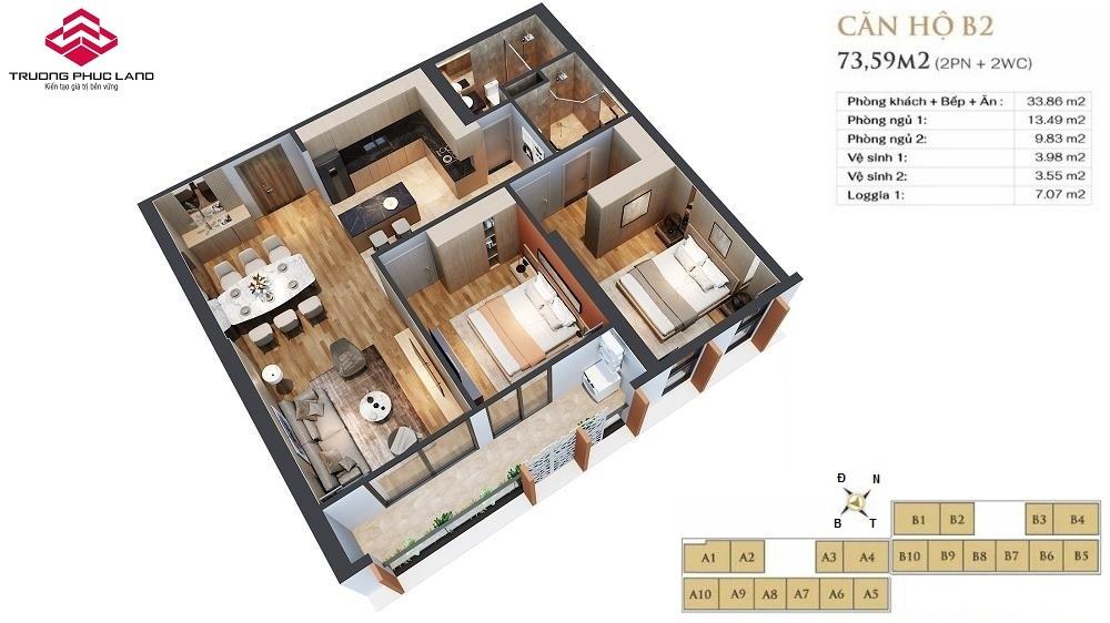 Mặt bằng căn hộ B2 dự án Anland Lake View Mặt bằng căn hộ B2 (73m2 - 2PN) dự án Anland Lake View