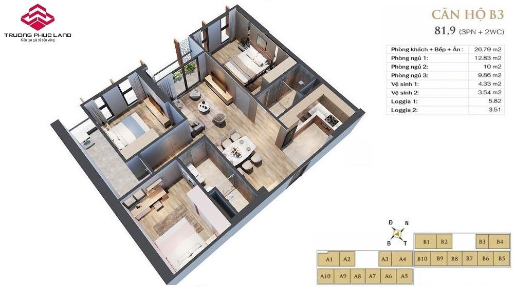 Mặt bằng căn hộ B3 (81m2 - 3PN) dự án Anland Lake View